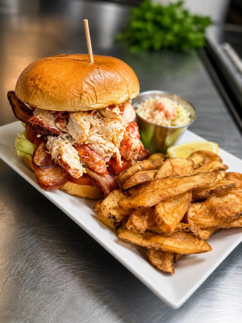 Plate with a lobster roll and fries on it, accompanied by a bowl of sauce