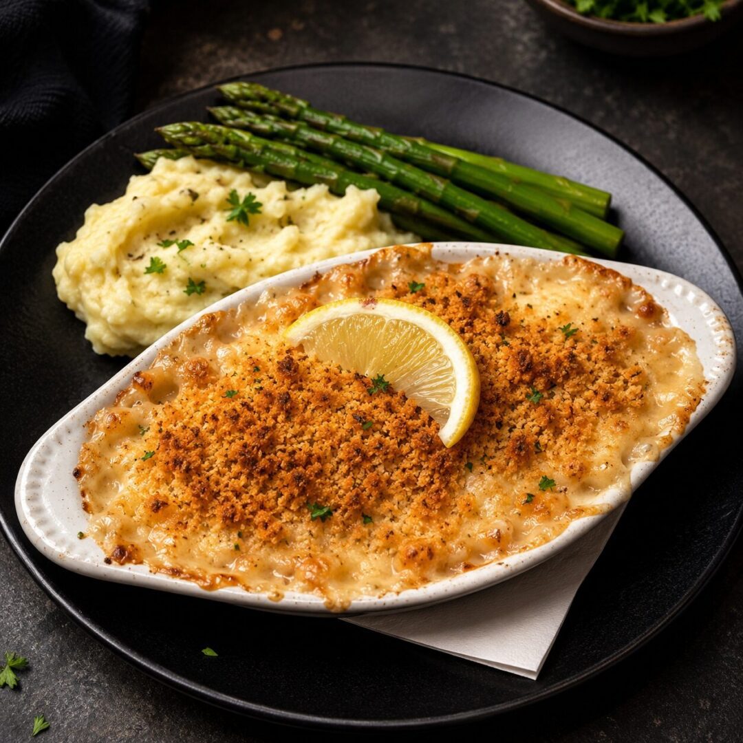 Plate of baked chicken with a lemon slice on top, accompanied by mashed potatoes and asparagus