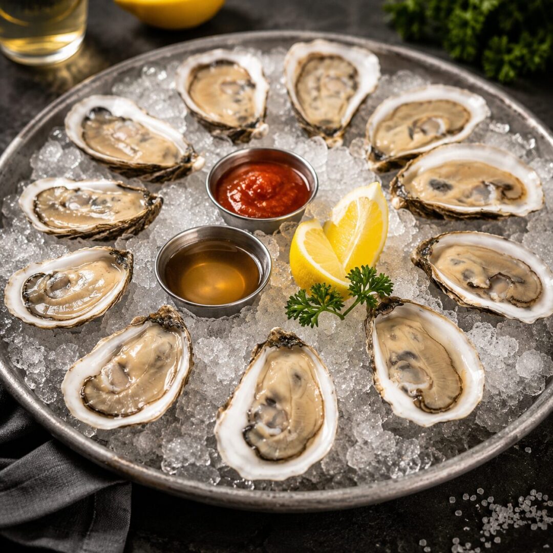 Plate of freshly shucked oysters on the half shell, accompanied by lemon wedges and a glass of beer