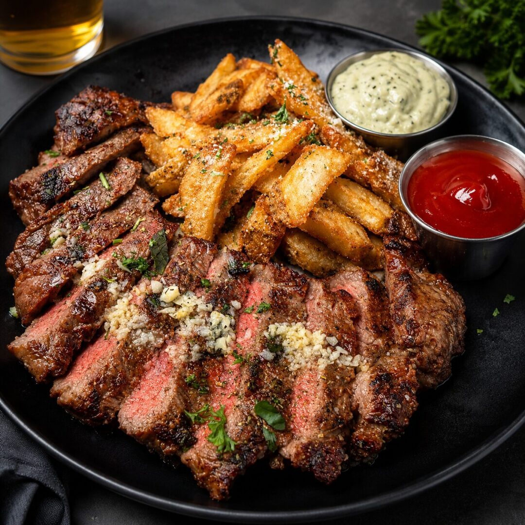 Black plate topped with a grilled steak and french fries, accompanied by a glass of beer and a few leaves